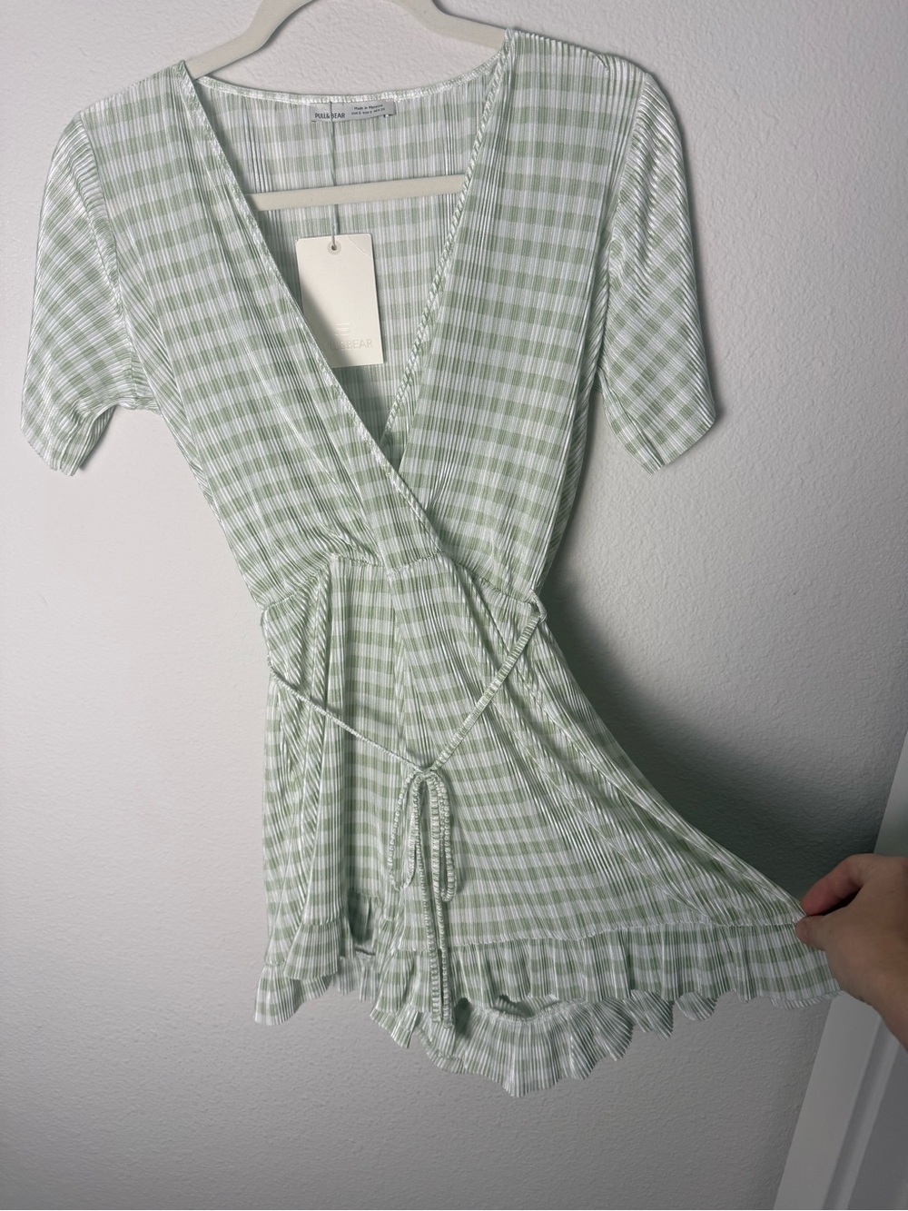 Pull&Bear Light Green and White Gingham Ruffle Wrap Romper
